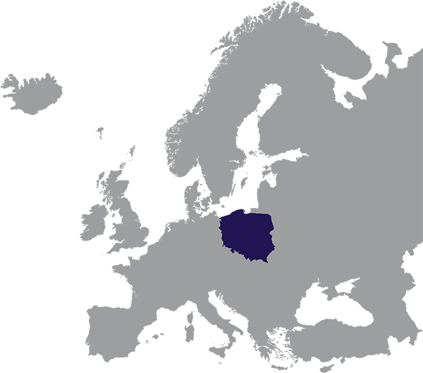 Polen aangegeven in donkerblauw op grijze kaart van Europa - op transparante achtergrond - 600 x 529 pixels